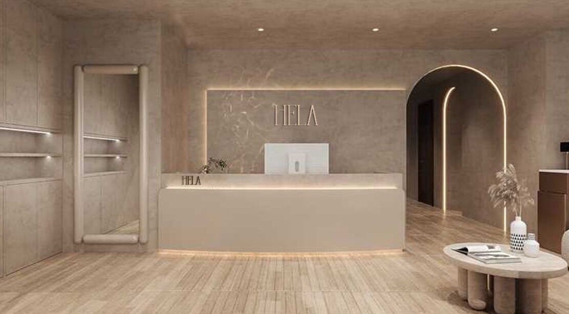 Elegant reception at HELA Skincare-SoHo, New York, featuring modern decor and soft lighting.