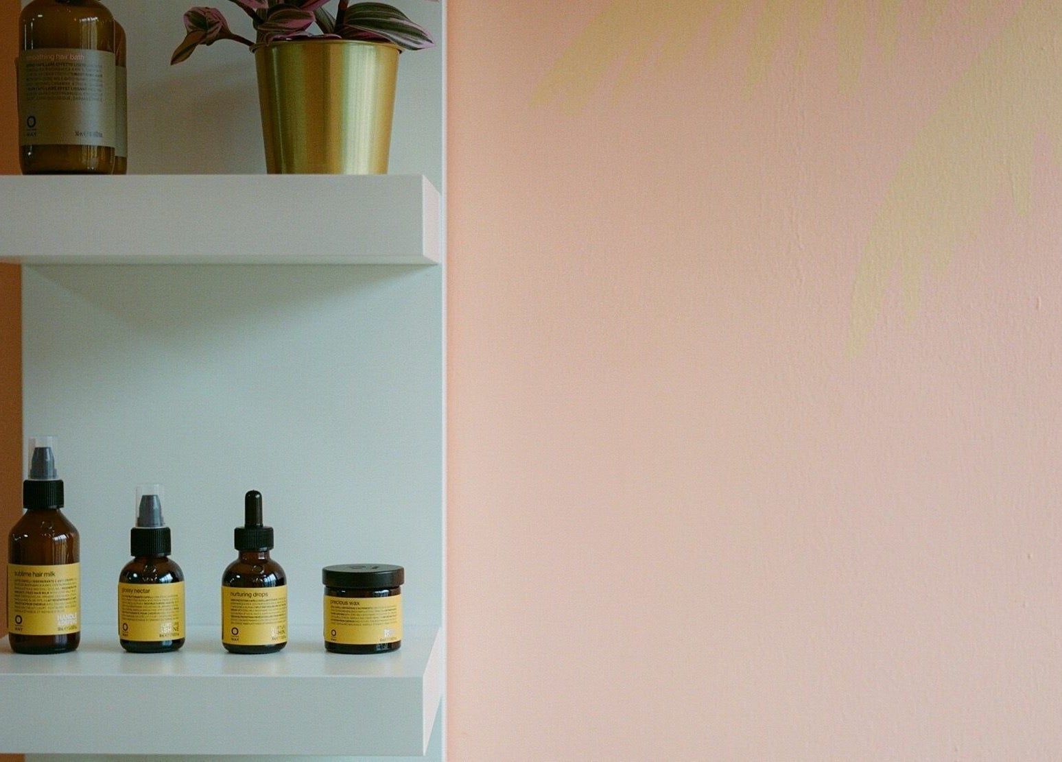 Stylish shelf at Barnet Fair, London, England, GB, featuring premium beauty products in elegant bottles.