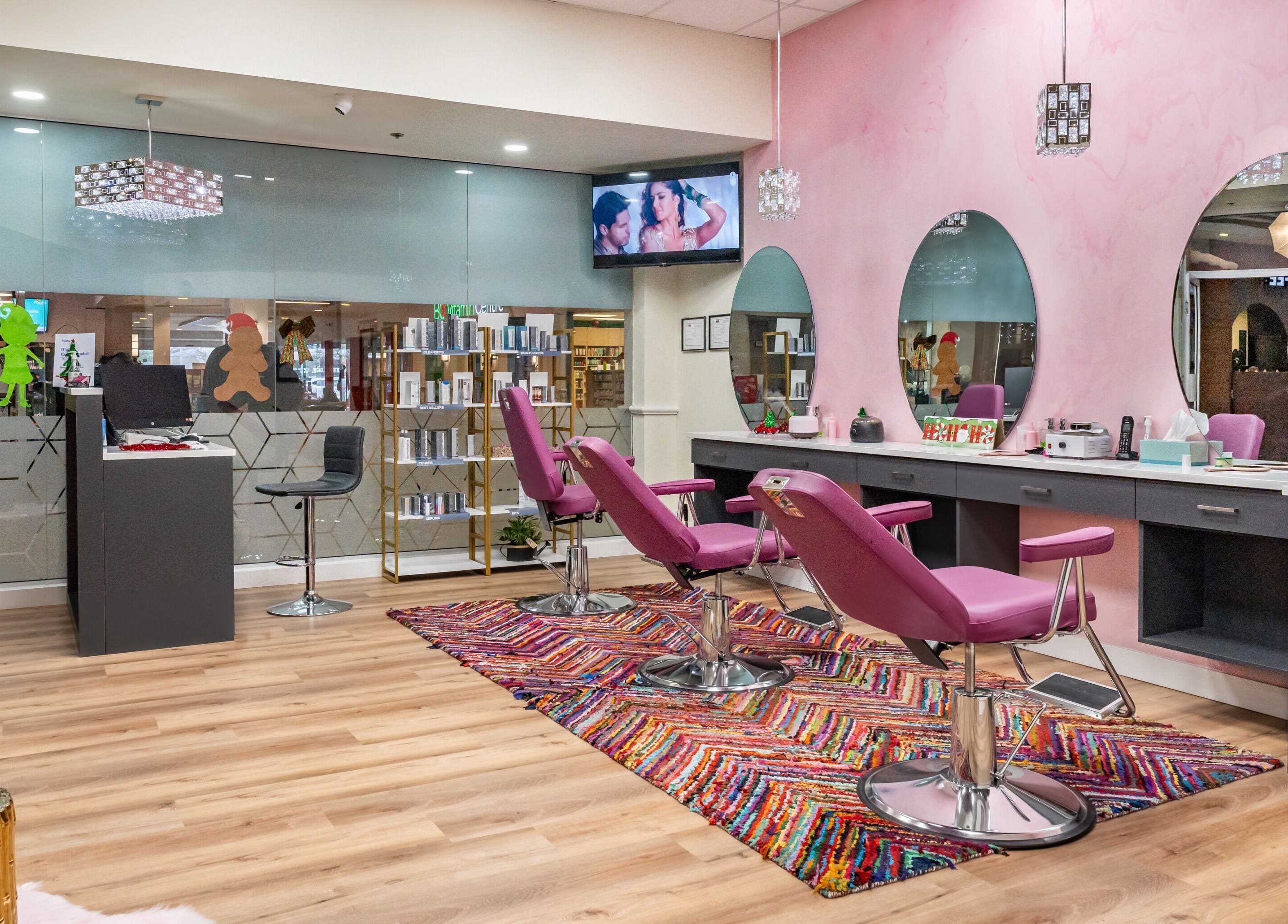 Namaste Beauty salon features chic pink decor and modern mirrors at Maple Ridge #330, British Columbia, CA.