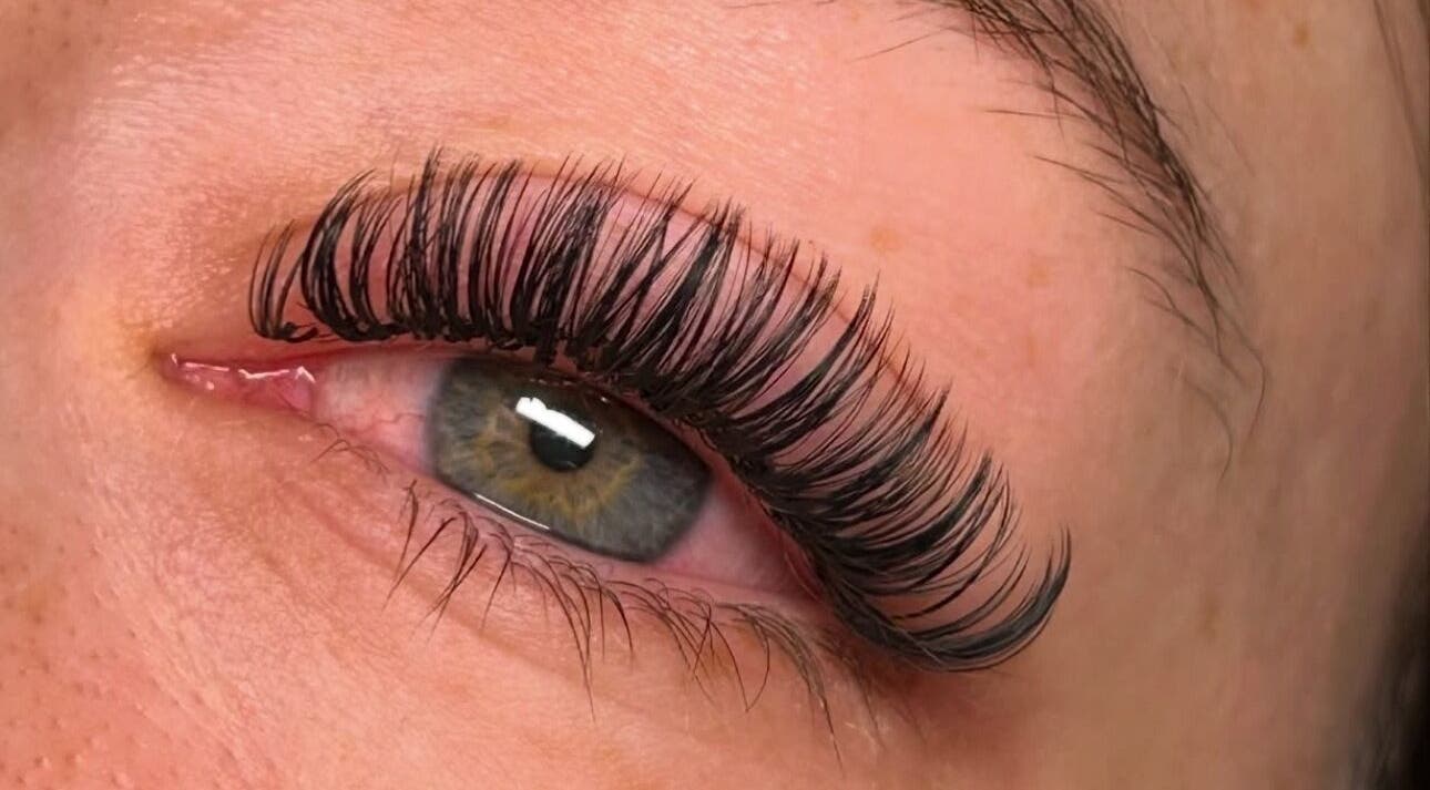 Close-up of expertly applied eyelash extensions at Aesthetics by Amie, Calgary, Alberta, CA.