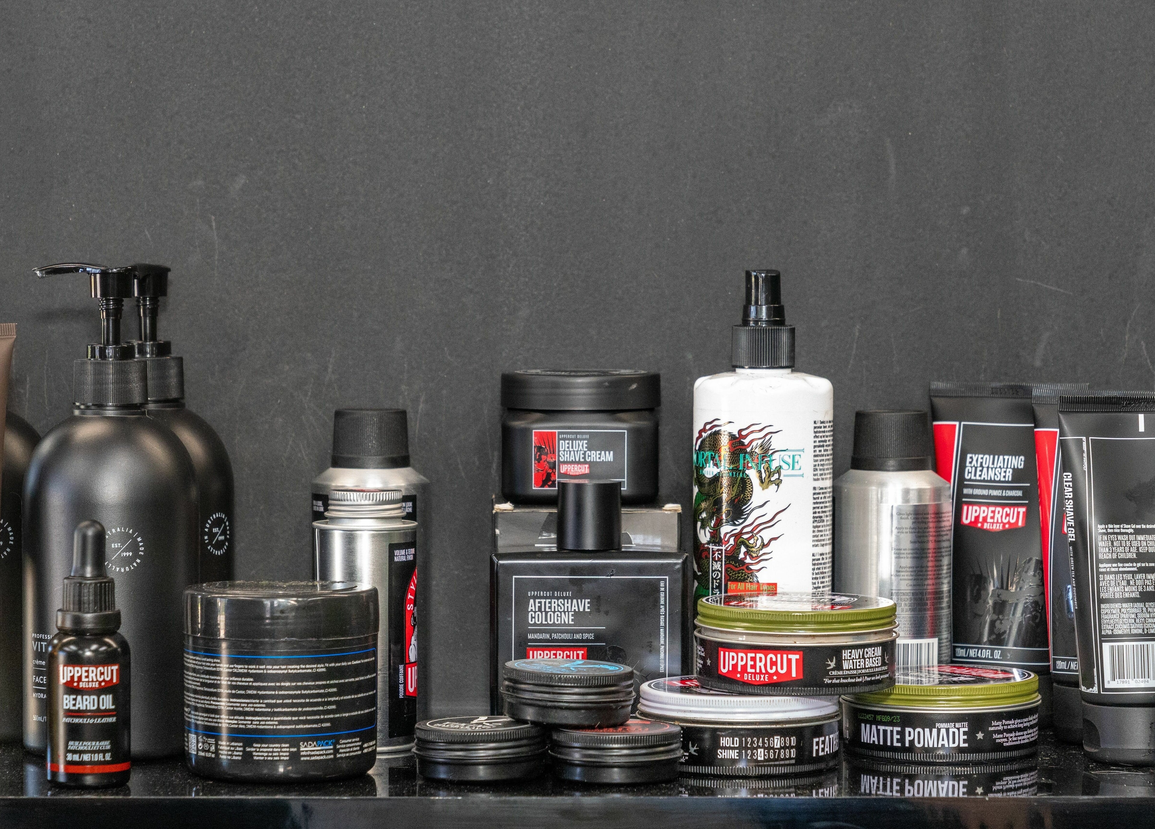 Variety of grooming products on display at Lole's Barber Shop - Commercial Drive, Springfield, Queensland, AU.