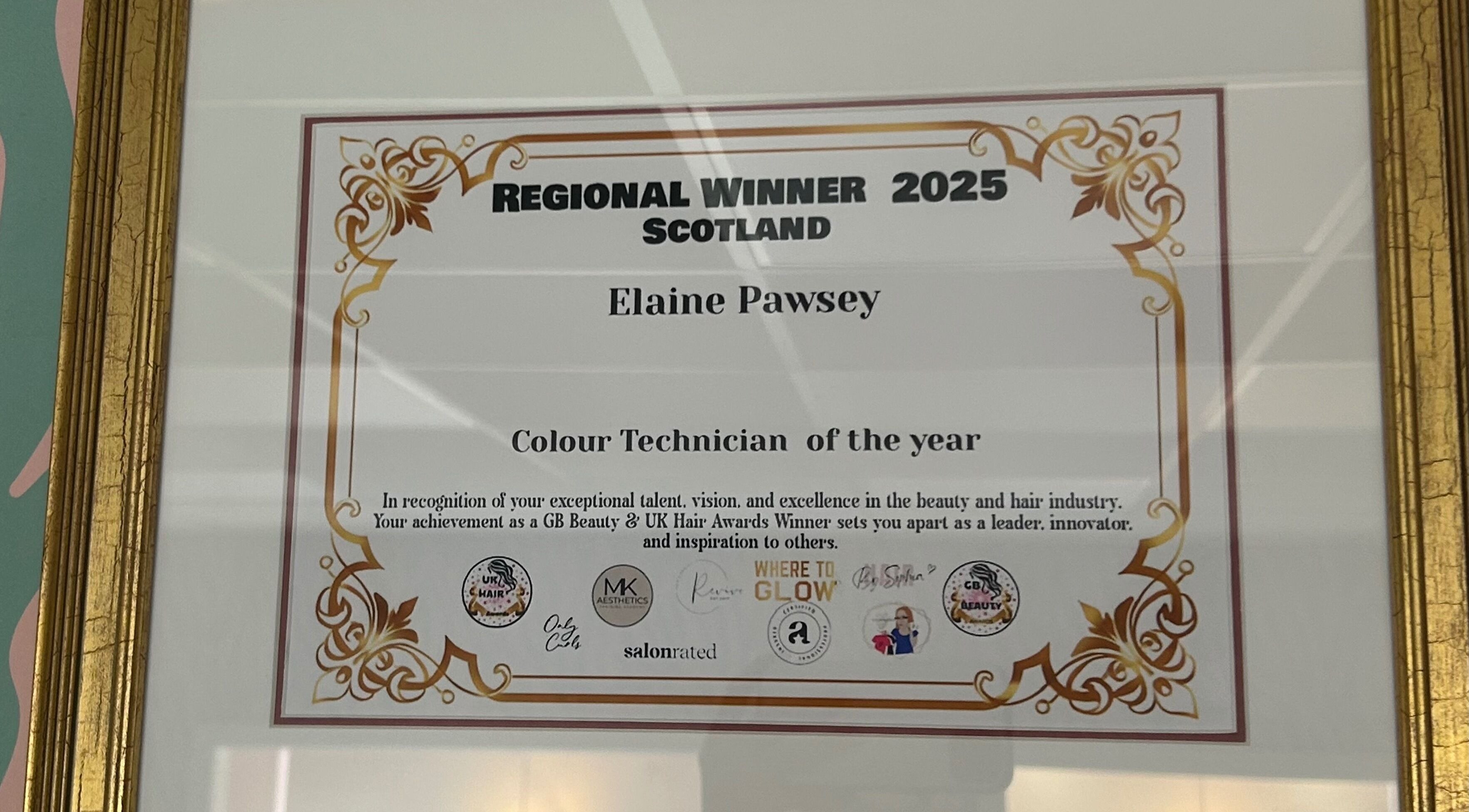 Award recognizing Lainey’s Locks as Colour Technician of the Year in Alexandria, Scotland, GB.