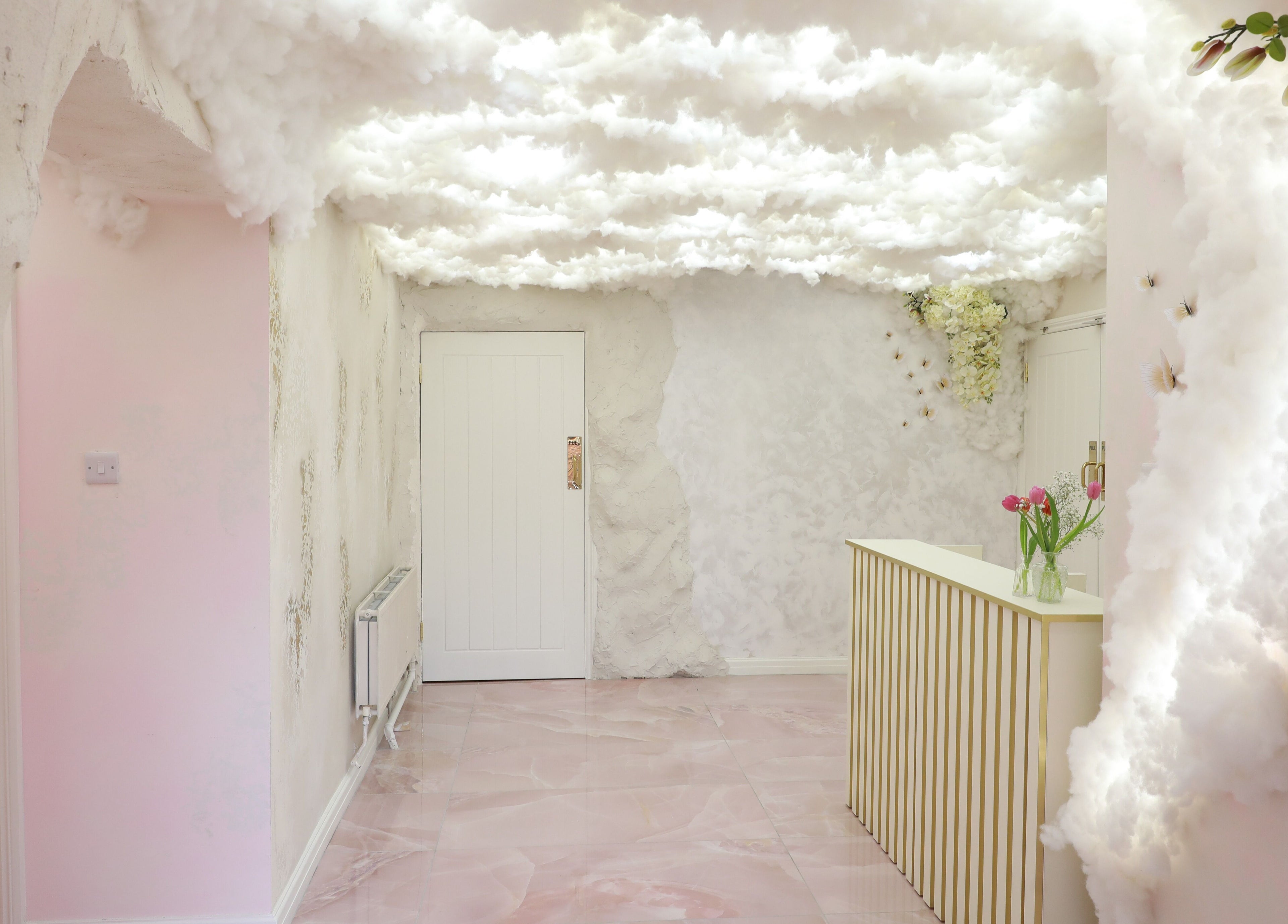 Dreamy cloud-themed entrance at Glitterbels Salon Nails by Annabel, Newcastle-under-lyme, England, GB.