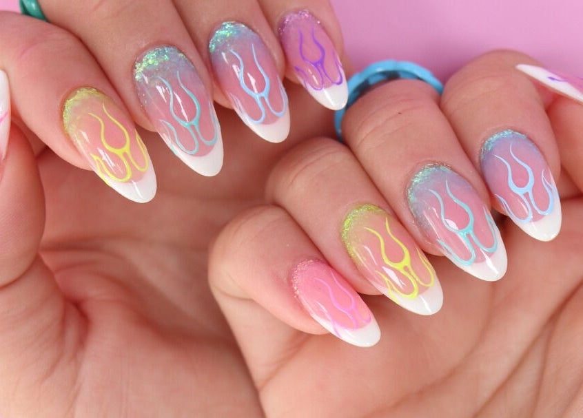 Vibrant flame nail art at Glitterbels Salon Nails by Annabel, Newcastle-under-lyme, England, GB.