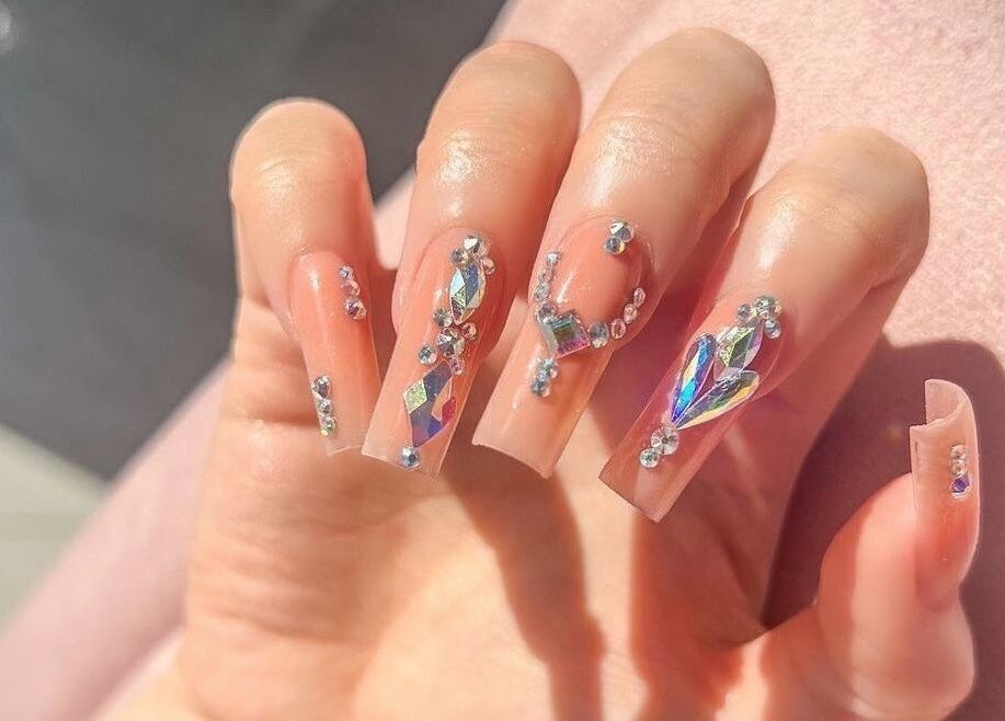 Intricate rhinestone nail art at Glitterbels Salon Nails by Annabel, Newcastle-under-lyme, England, GB.