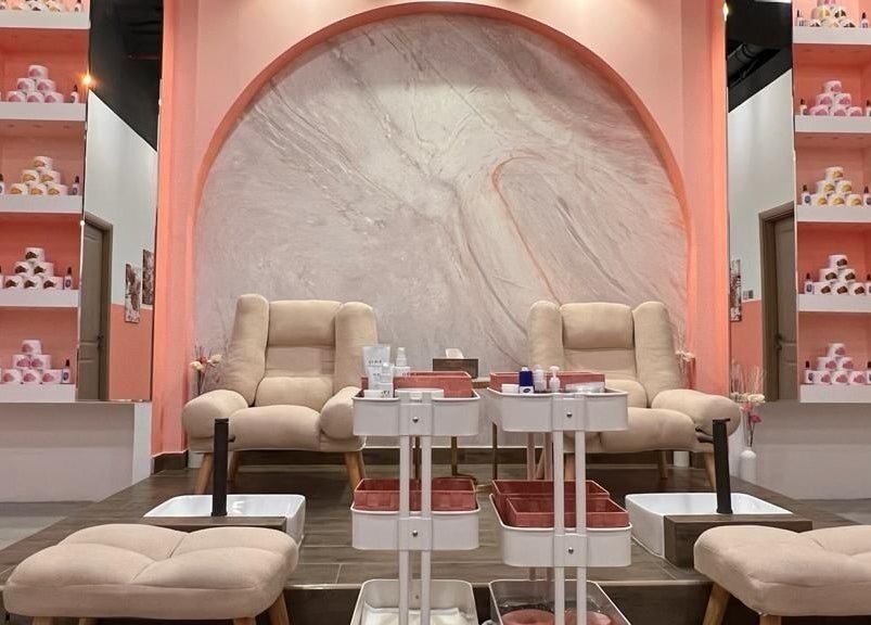 Luxurious pedicure lounge at Am Grace & Glam Beauty Center Arjan Dubai, offering a serene ambiance in Dubai, AE.