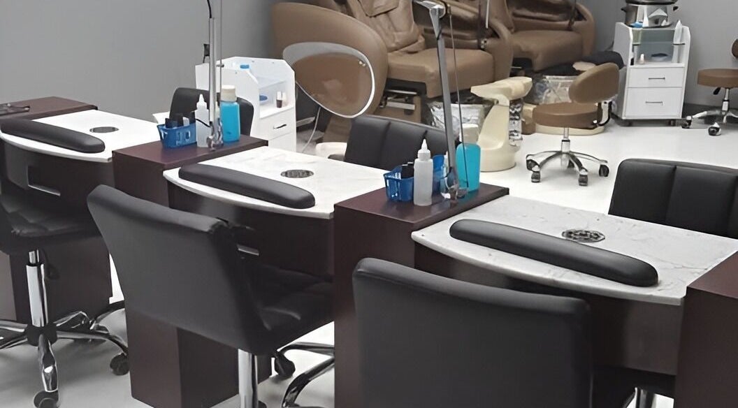 Elegant nail stations at The Walk-In Salon, Elkhart, Indiana, US, featuring modern design and comfort.