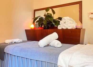 Massage room at MRB Massage Therapy, Melbourne, Victoria, AU with towels and calming ambiance.