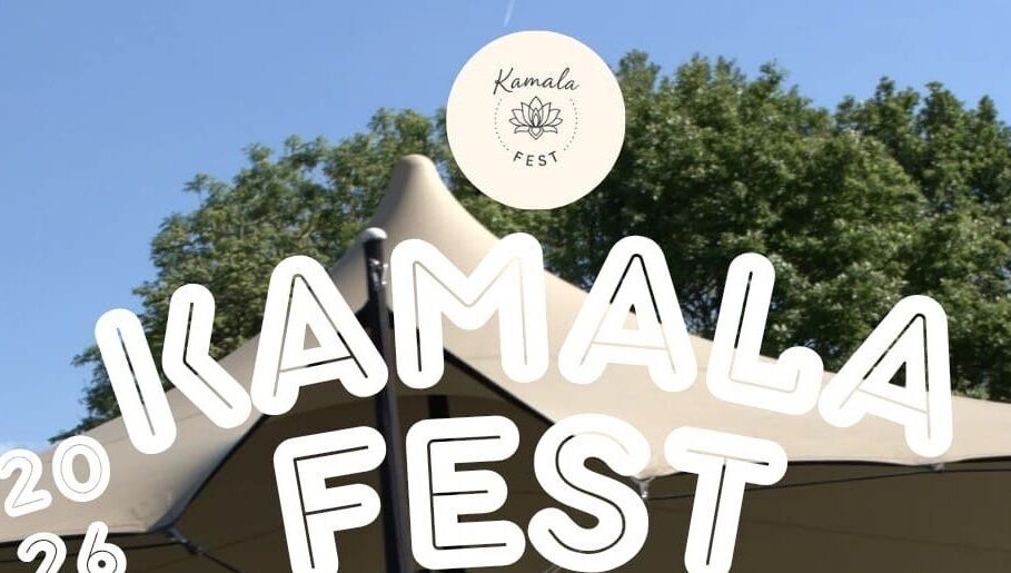 Kamala Fest logo on a canopy set against a blue sky at Winnersh, England, GB.