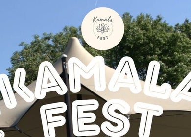 Kamala Fest logo on a canopy set against a blue sky at Winnersh, England, GB.