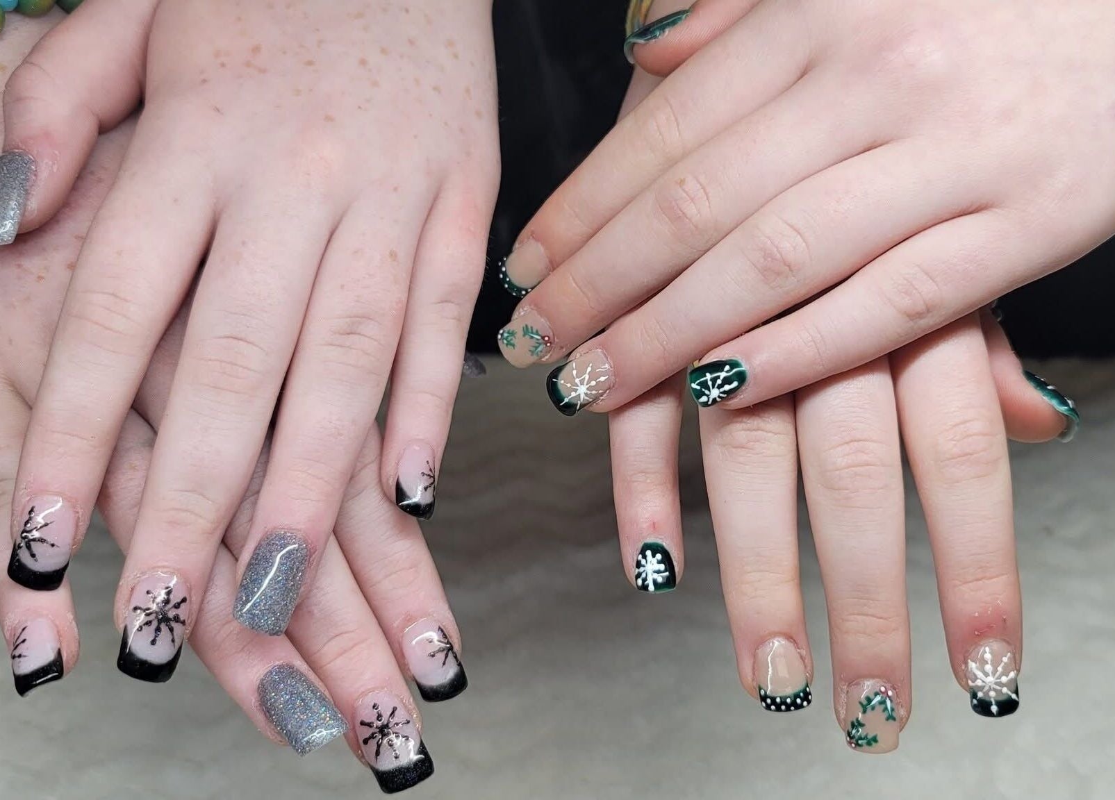 Beautiful winter-themed nail art at Erica's Salon & Spa in Monterey, Tennessee, US.
