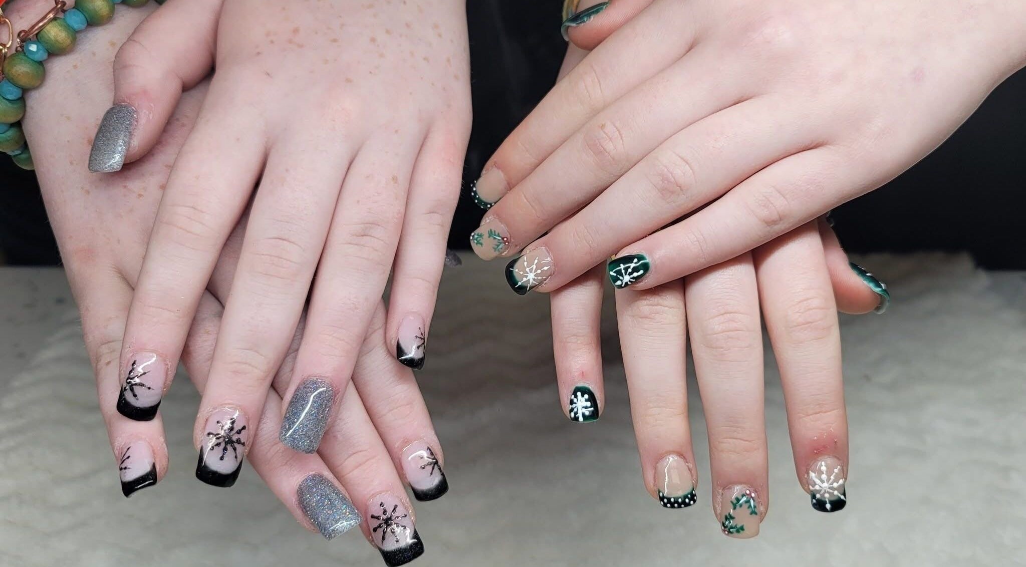 Beautiful winter-themed nail art at Erica's Salon & Spa in Monterey, Tennessee, US.
