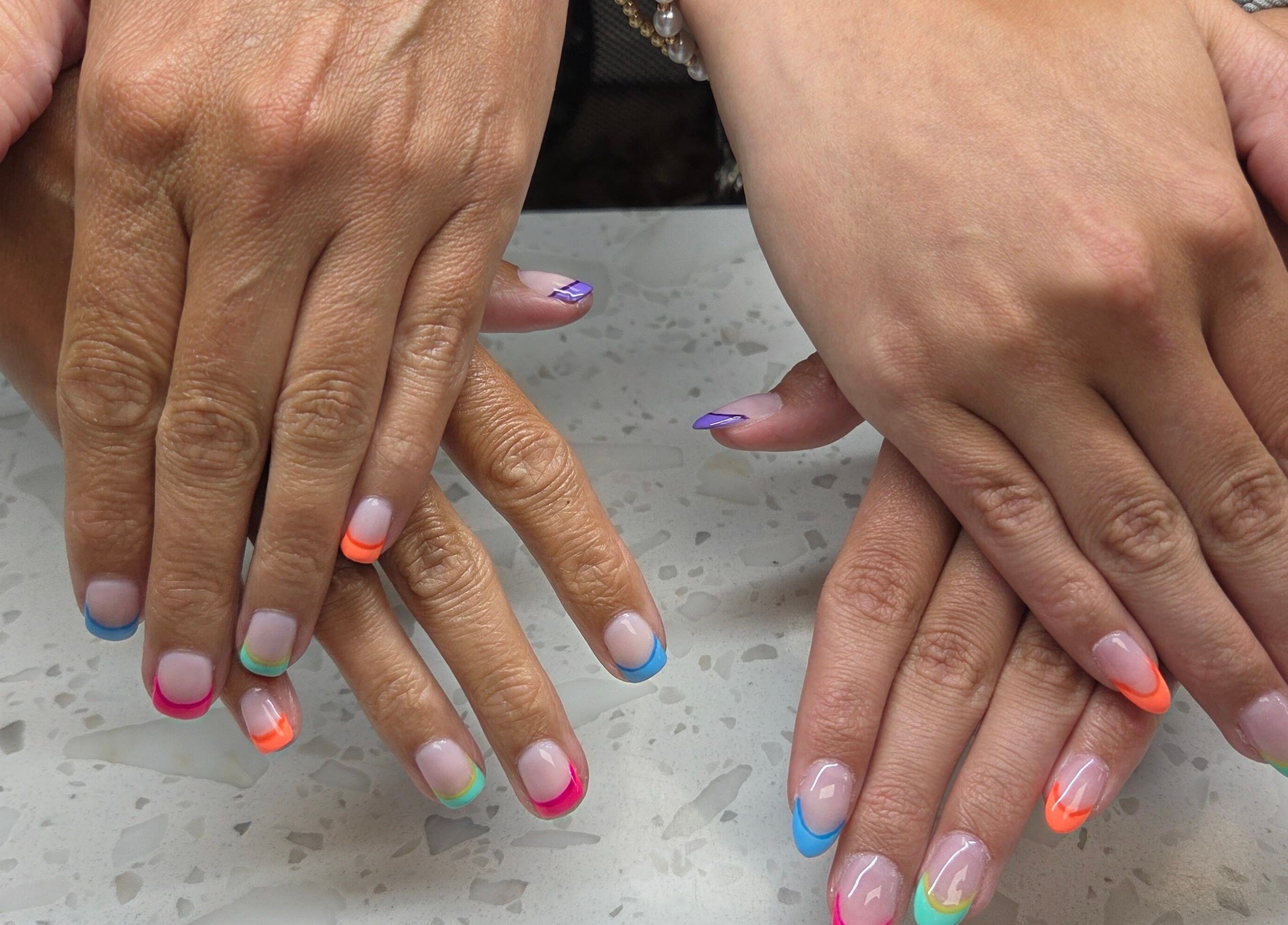 Colorful manicured nails on display at Erica's Salon & Spa in Monterey, Tennessee, US.