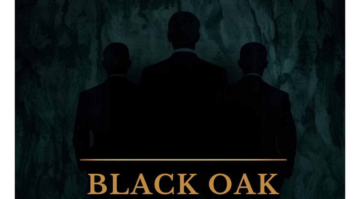 Silhouettes of three people with BLACK OAK logo in Peoria, Illinois, US backdrop.