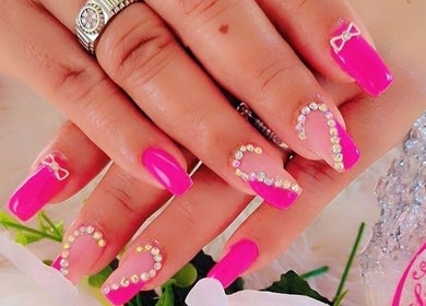 Elegant pink nail art with rhinestones at Sils Care For You, Kralendijk, Bonaire, BQ.