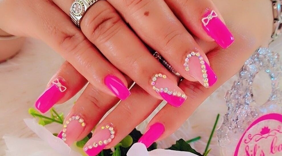 Elegant pink nail art with rhinestones at Sils Care For You, Kralendijk, Bonaire, BQ.
