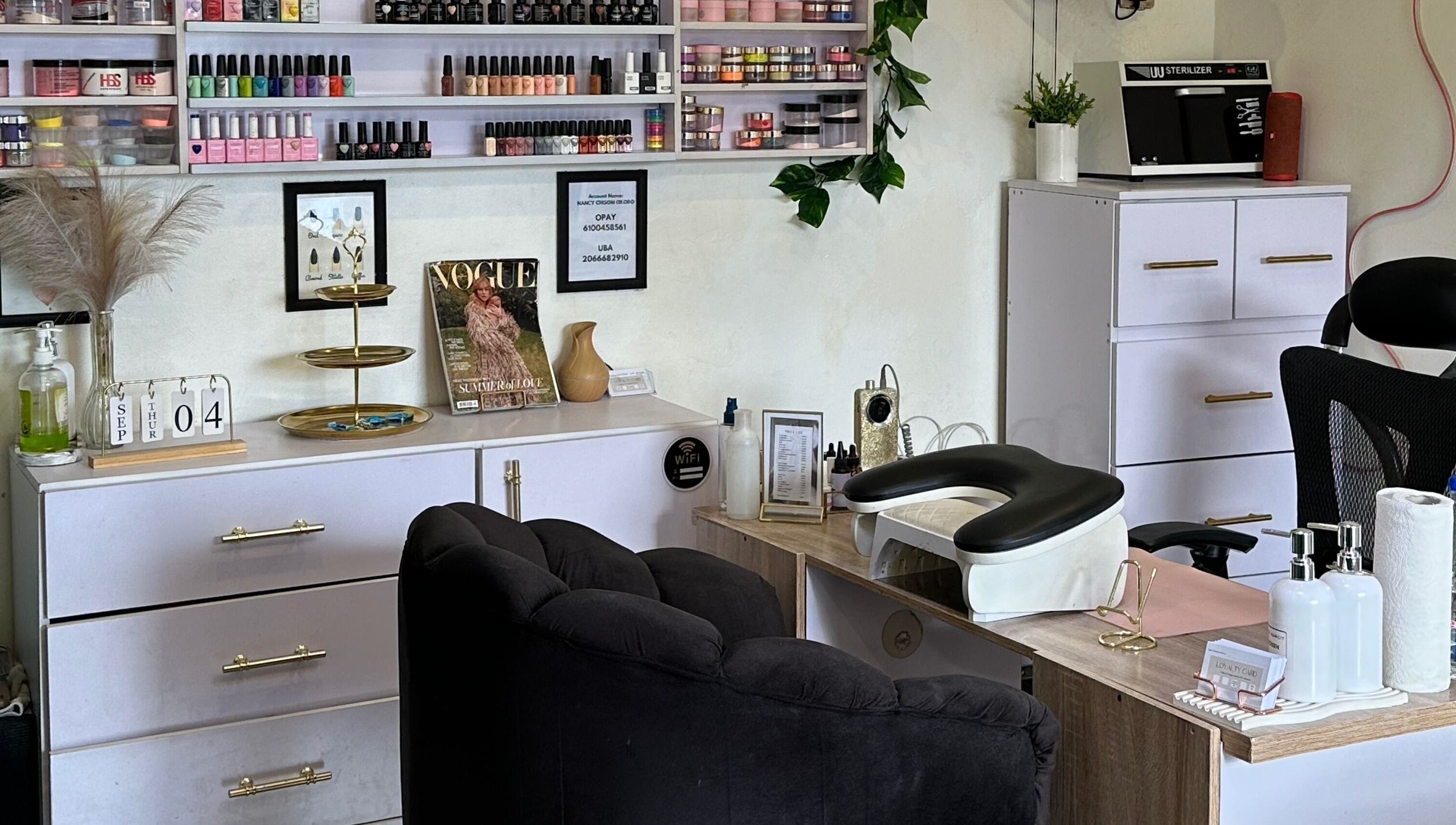 Nailed by Nanciy salon interior with nail polish display, Port Harcourt, Rivers, NG.