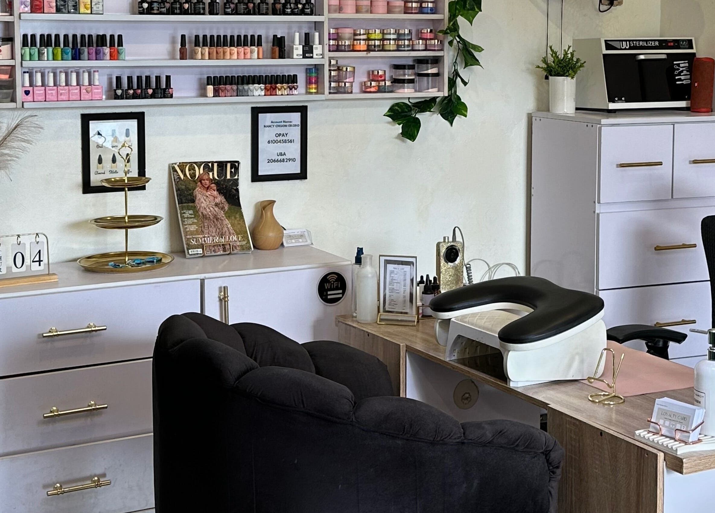 Nailed by Nanciy salon interior with nail polish display, Port Harcourt, Rivers, NG.