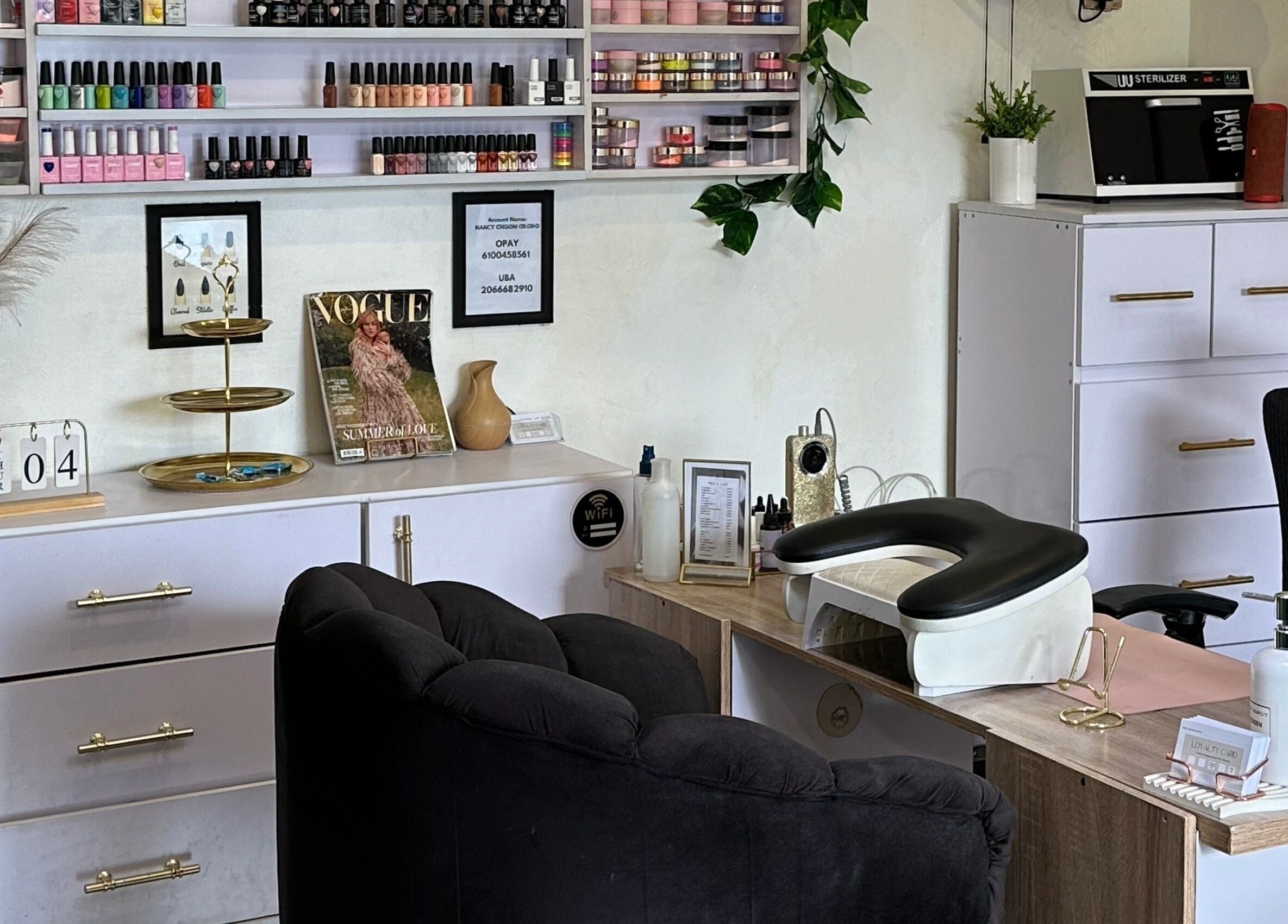 Nailed by Nanciy salon interior with nail polish display, Port Harcourt, Rivers, NG.