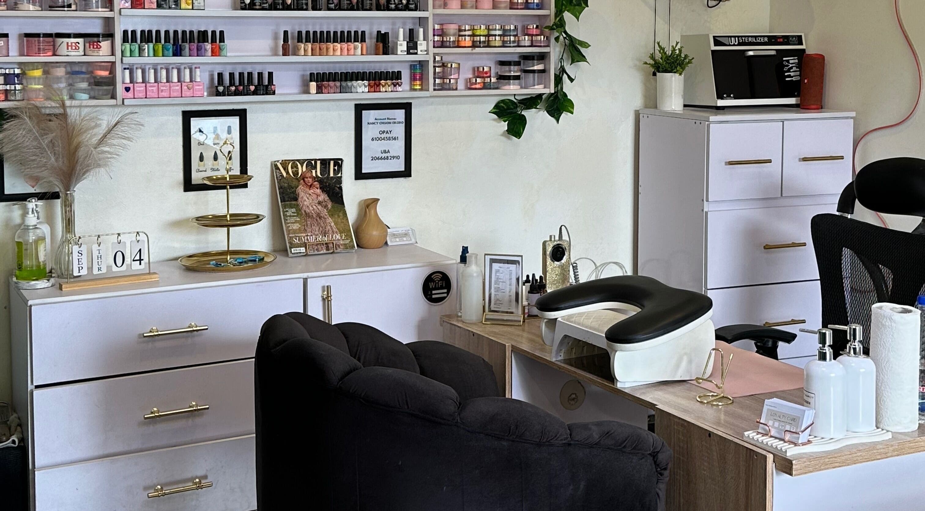 Nailed by Nanciy salon interior with nail polish display, Port Harcourt, Rivers, NG.