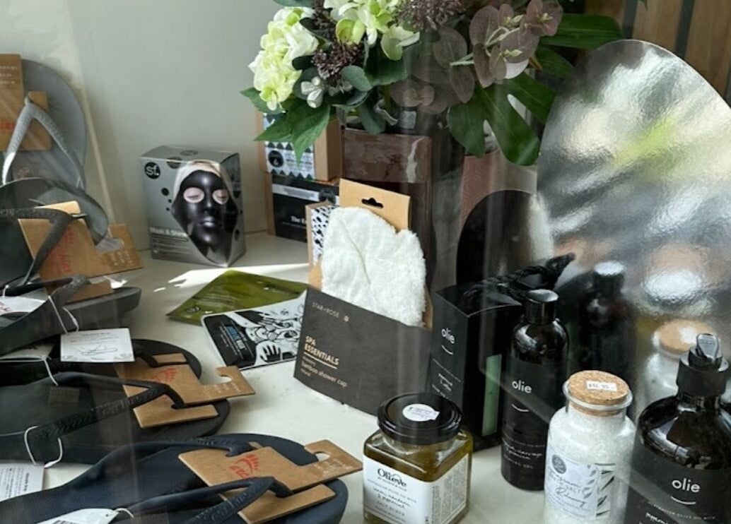 A variety of spa products and flip-flops at Natures Beauty Spa Salon, Poowong, Victoria, AU.