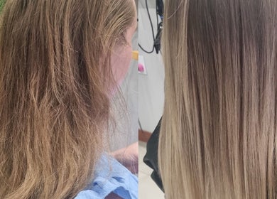 Before and after hair treatment at Hair Aroma in Pretoria, Gauteng, ZA, showing smooth, straightened hair.