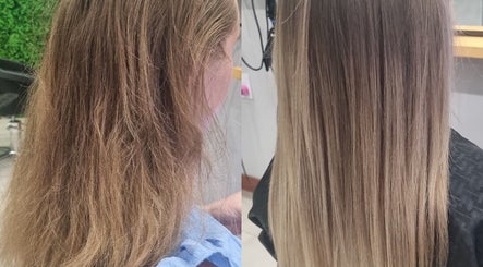Before and after hair treatment at Hair Aroma in Pretoria, Gauteng, ZA, showing smooth, straightened hair.