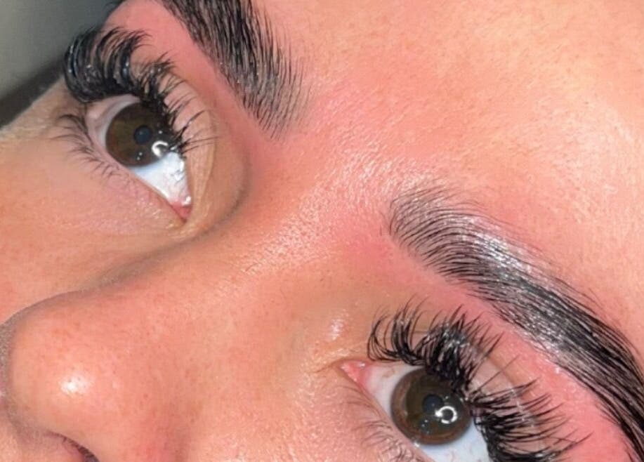 Close-up of perfectly styled eyebrows and lashes at The Glow Up, Blackpool, England, GB.
