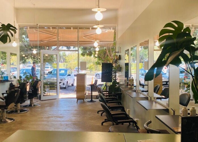 Chic interior of Birdhaven Studio in Johannesburg, Gauteng, ZA, showcasing stylish salon chairs and greenery.