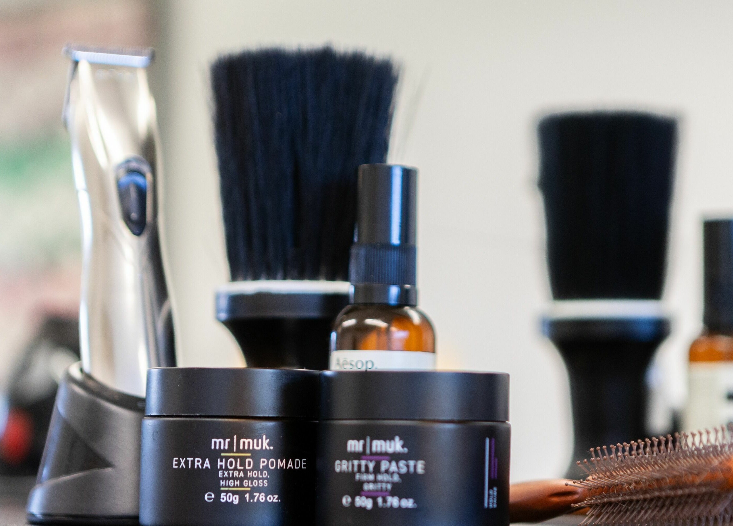 Sawyer barber tools and styling products displayed in London, England, GB.