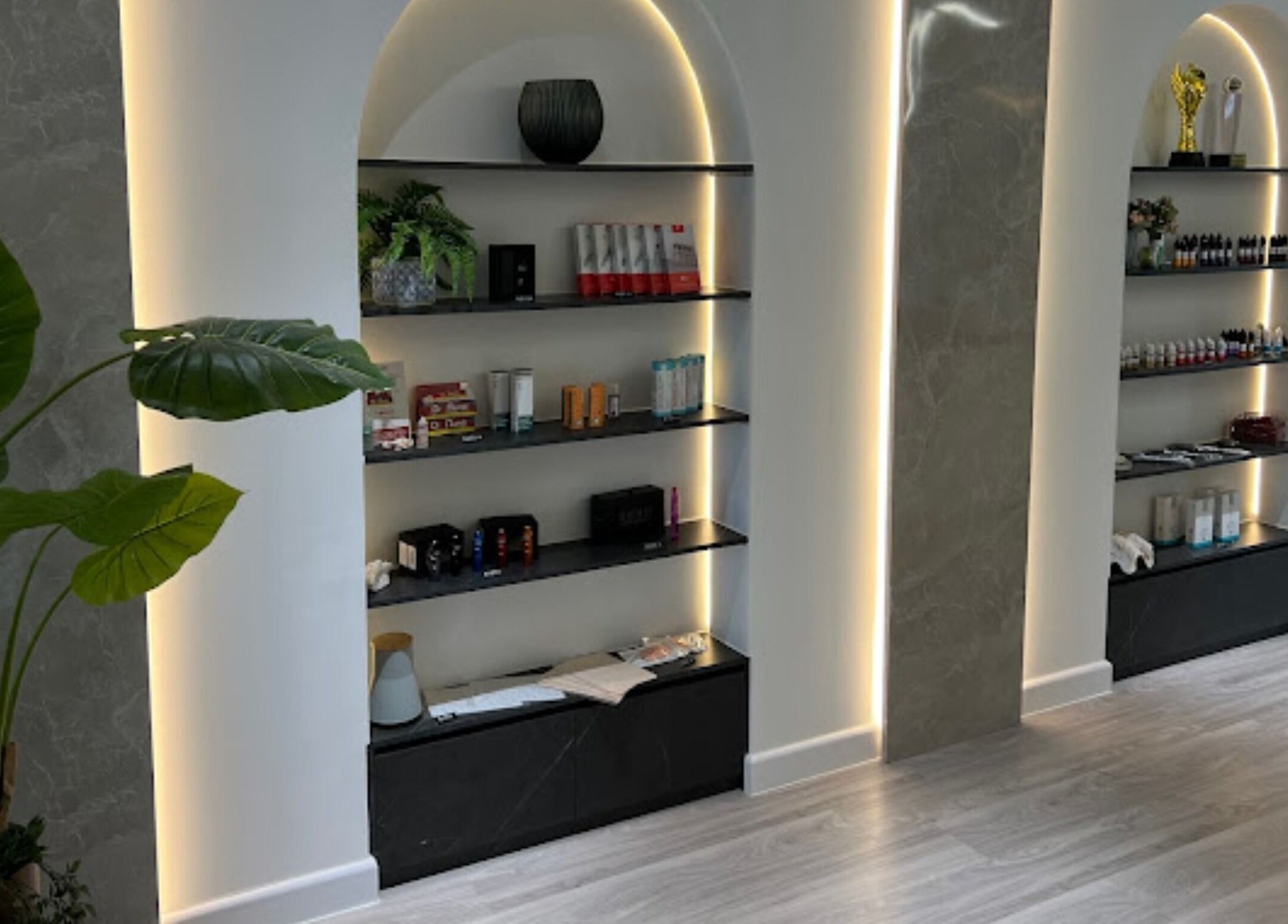 Stylish illuminated shelves in Browserie, Petaling Jaya, Selangor, MY showcasing beauty products.