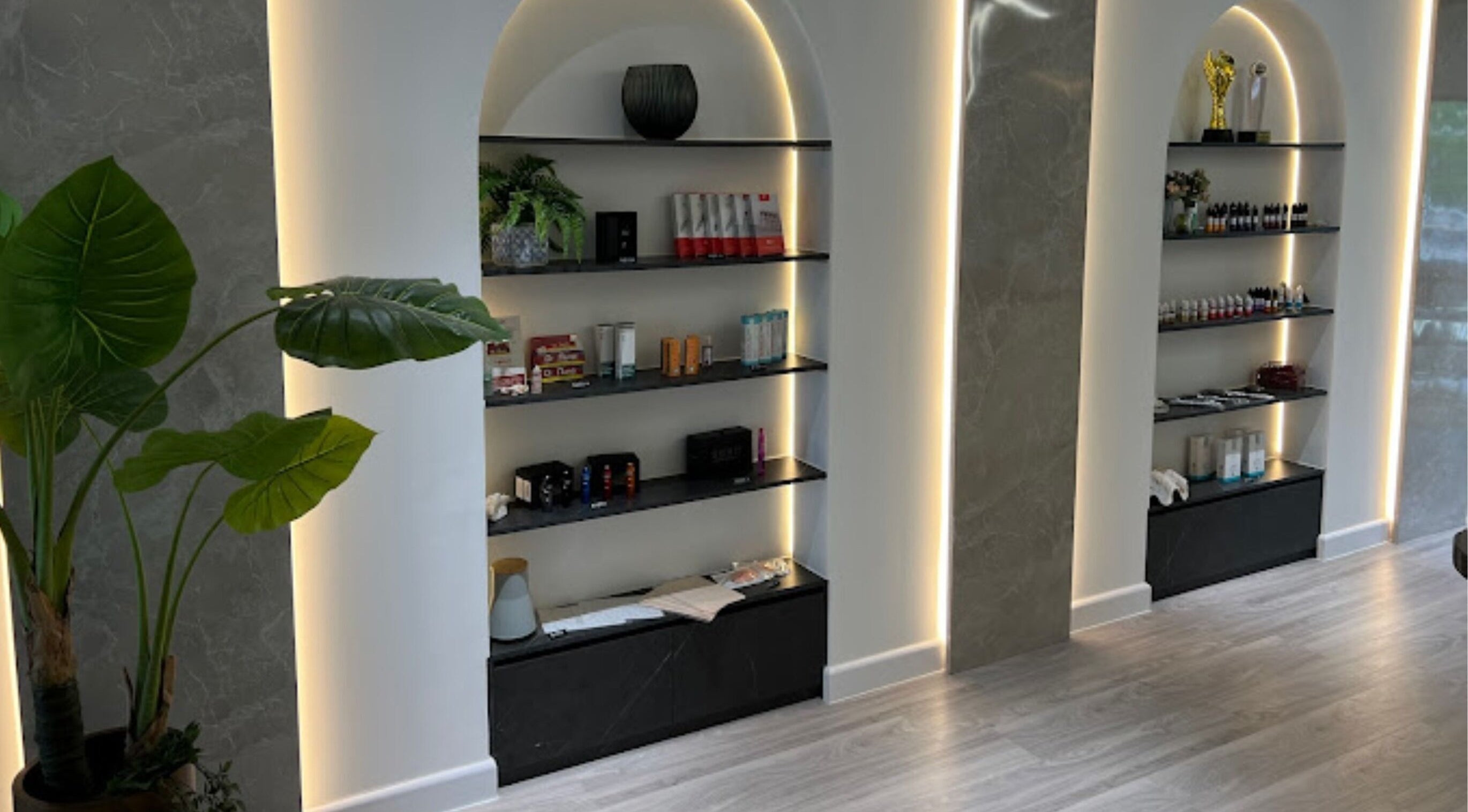 Stylish illuminated shelves in Browserie, Petaling Jaya, Selangor, MY showcasing beauty products.