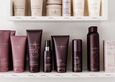 Premium Neal & Wolf haircare products on display at Salon No.7, Lytham St Annes, England, GB.