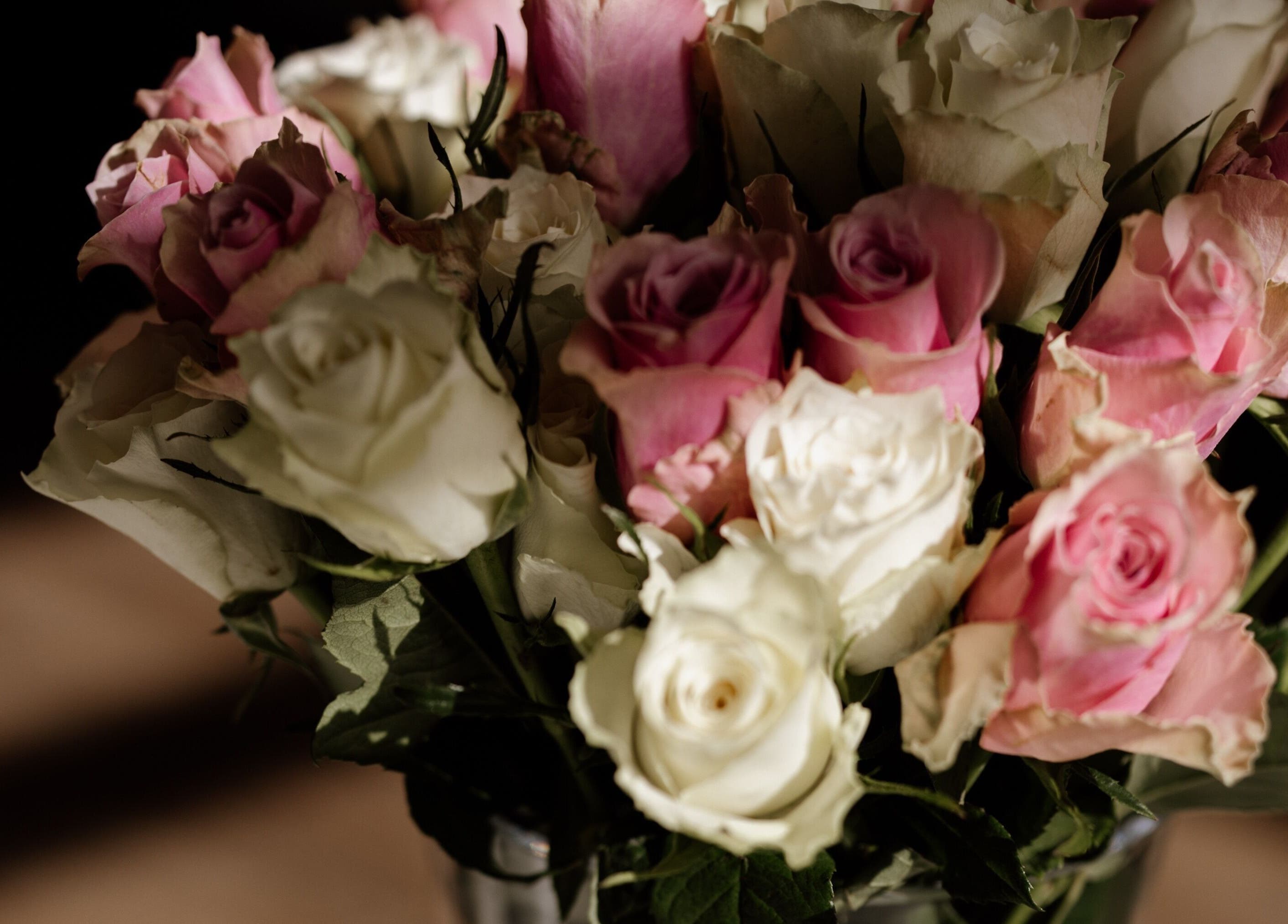 Graceful pink and white roses display at Salon No.7, Lytham St Annes, England, GB.