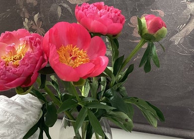 Elegant peonies in a vase at Sophia’s Beauty Room, Kinsale, County Cork, IE offer a calming ambiance.