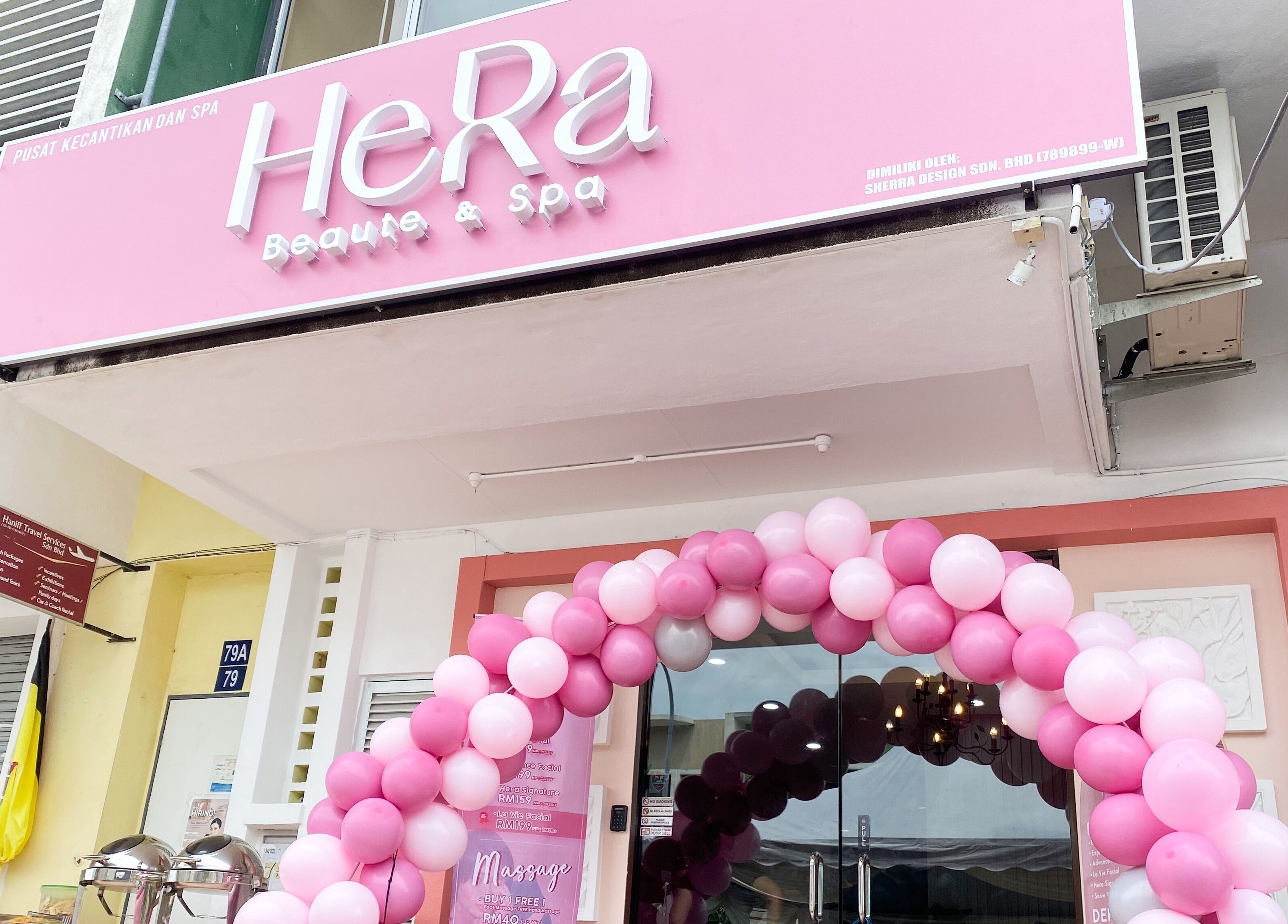 Hera Beaute Spa entrance with pink balloon arch in Nilai, Negeri Sembilan, MY.