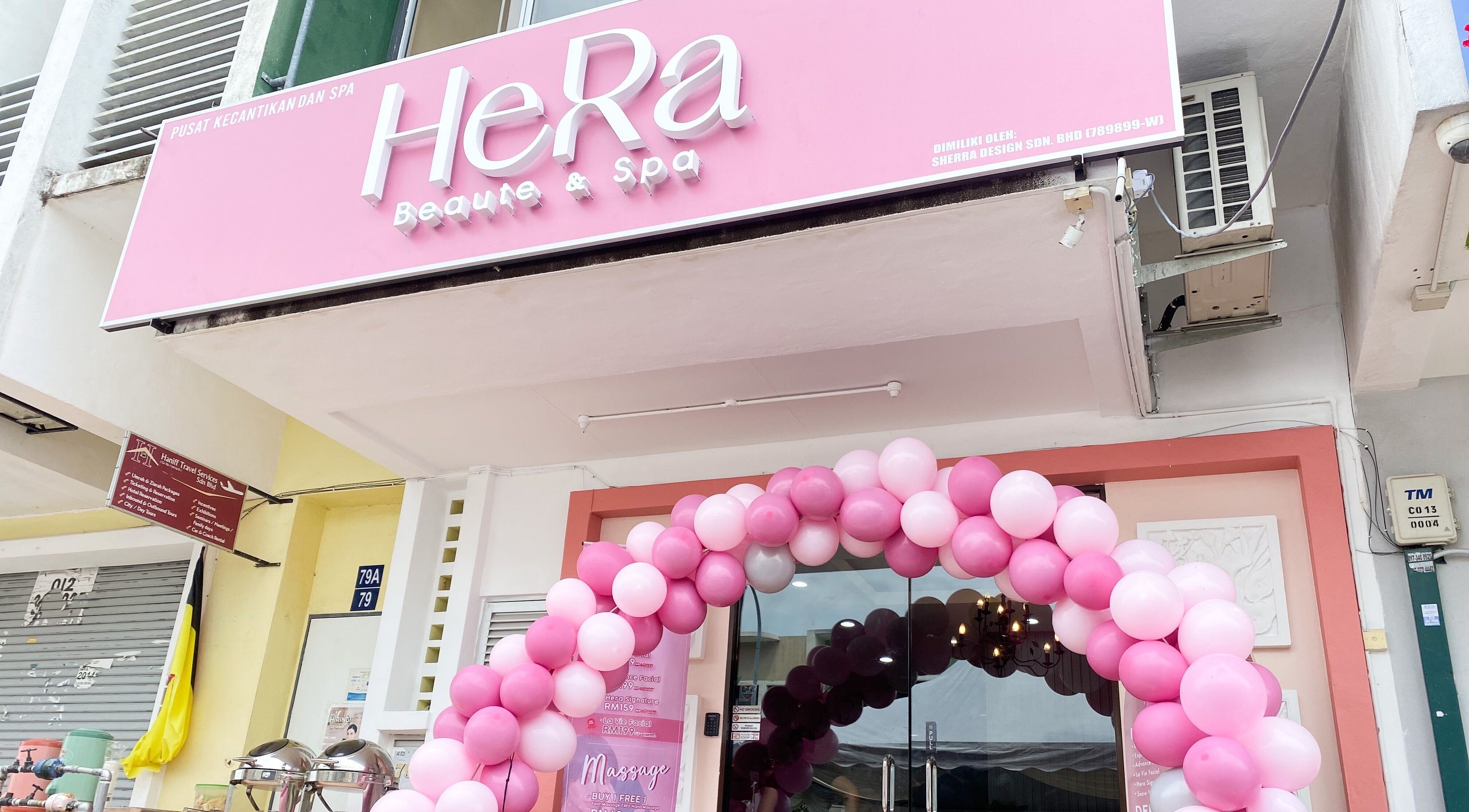 Hera Beaute Spa entrance with pink balloon arch in Nilai, Negeri Sembilan, MY.