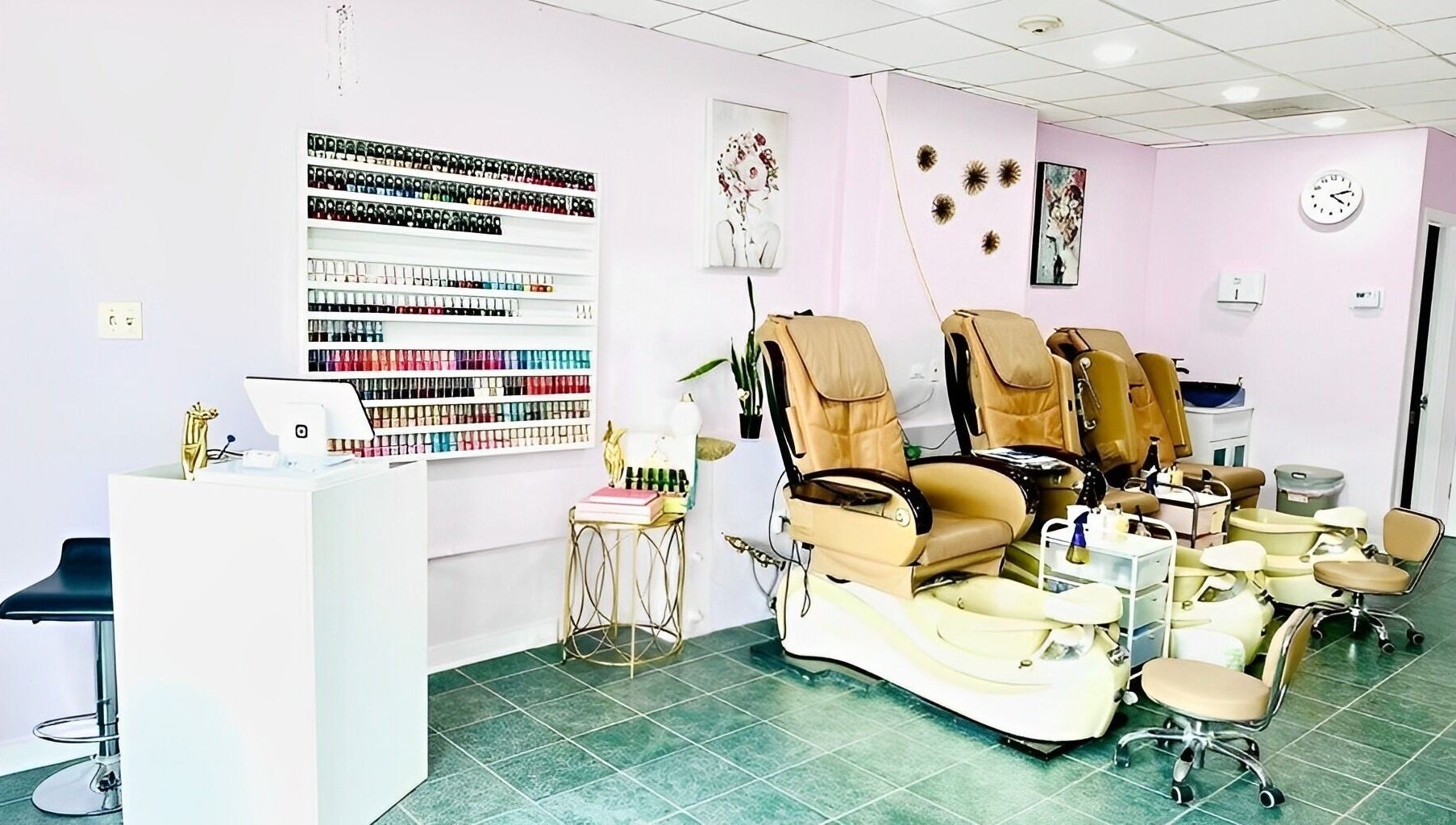 GMM Nails venue with pedicure chairs and nail polish, Highland Park, Illinois, US. Elegant and inviting salon space.