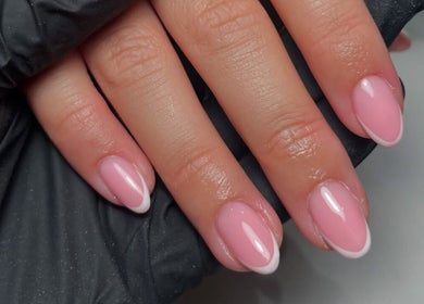 Elegant pink and white French manicure by Glow Beauty by Karagh in Carlisle, England, GB.