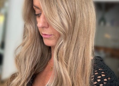 Close-up of blonde hair styled at Emma James-Creative Salon, North Berwick, Scotland, GB.