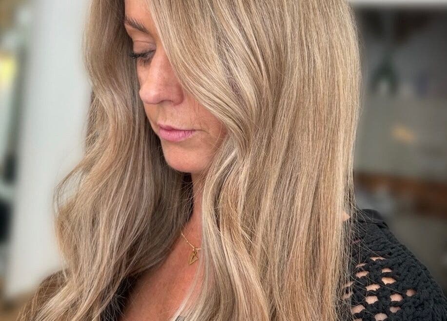 Close-up of blonde hair styled at Emma James-Creative Salon, North Berwick, Scotland, GB.