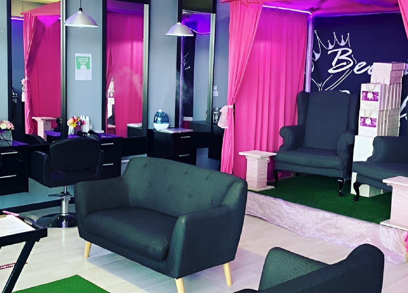 Chic interior of Be-dazzle Strandfontein in Cape Town, Western Cape, ZA with pink decor and modern furnishings.