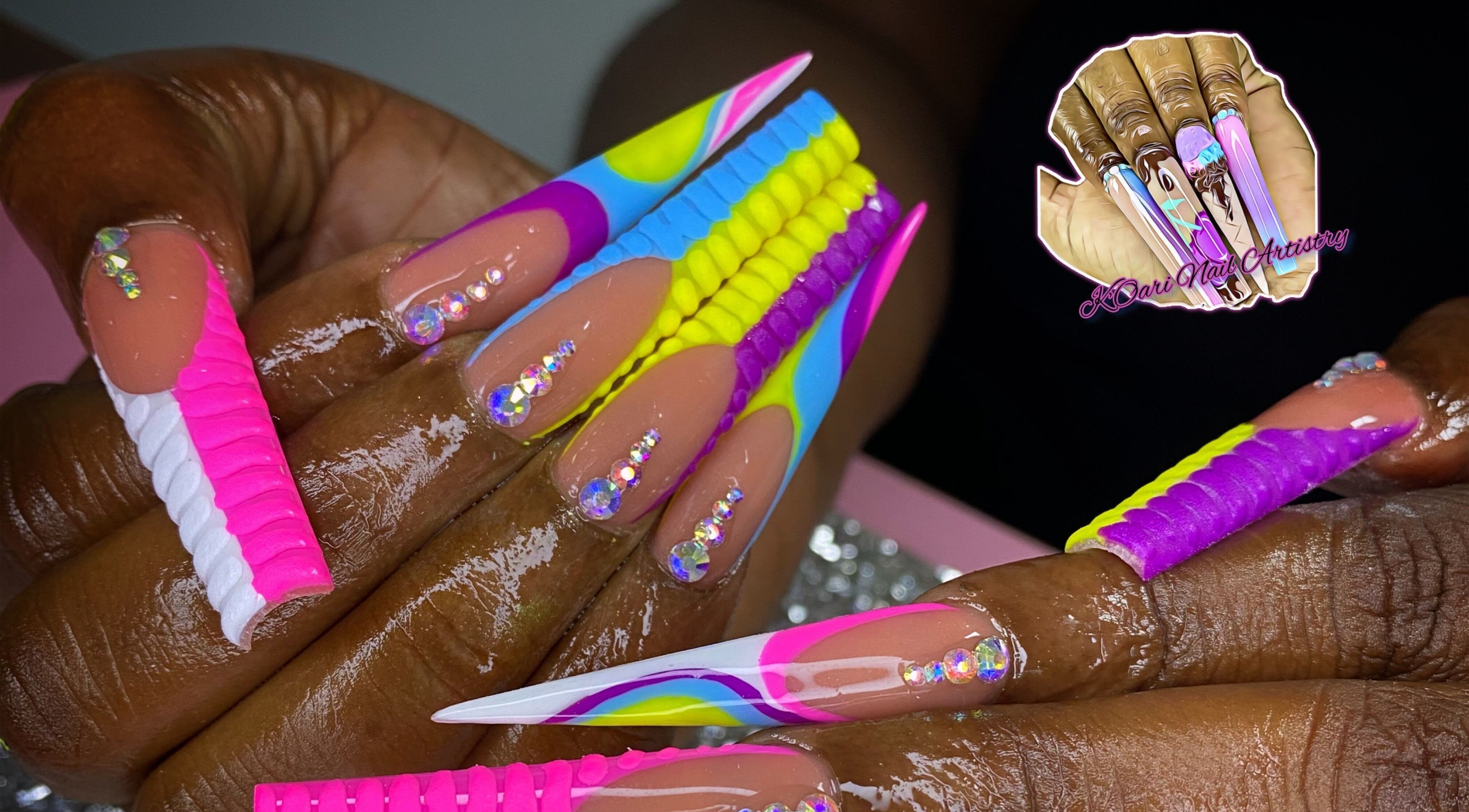 Colorful nail art with rhinestones at K’ Oari Nail Artistry, Potters Village, Saint John, AG.