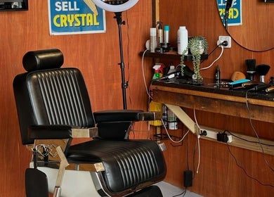 Classic barber chair and tools at Stay Cut Barbers, Paraparaumu, Wellington, NZ.