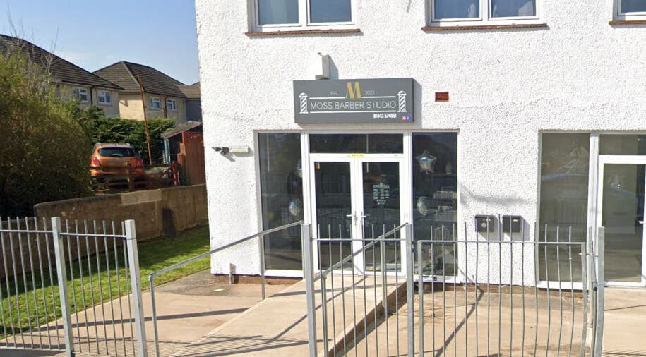 Front view of Moss Barber Studio in Llantrisant, Wales, GB, showcasing modern exterior design.