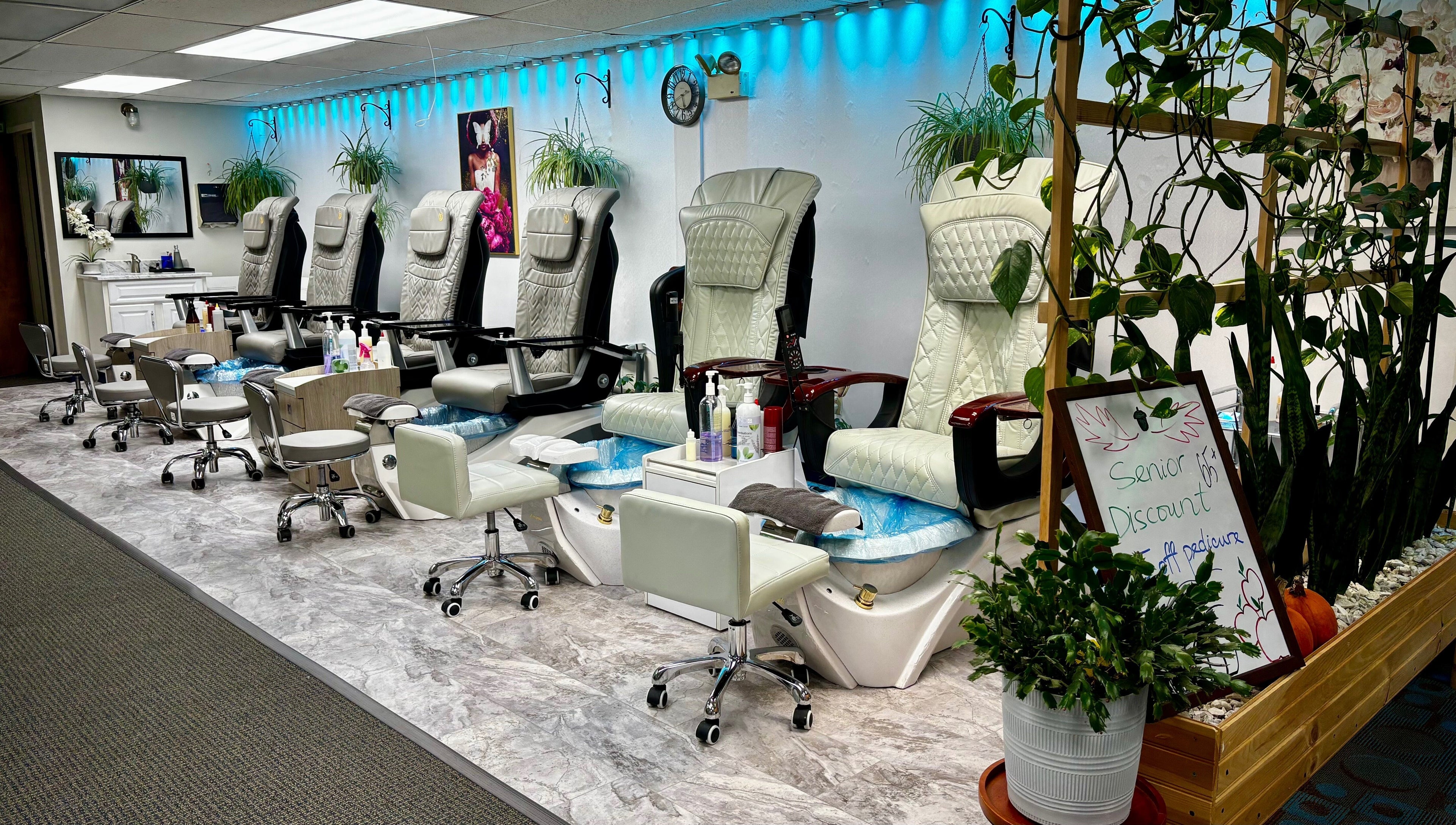 Relaxing pedicure chairs at L & T Nails Salon, Northborough, Massachusetts, US, offering quality services.