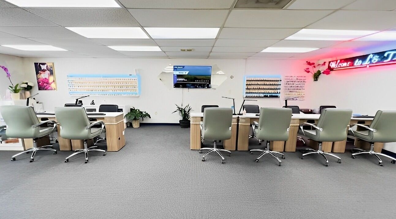 Modern interiors of L & T Nails Salon in Northborough, Massachusetts, US, showcasing chic nail stations.