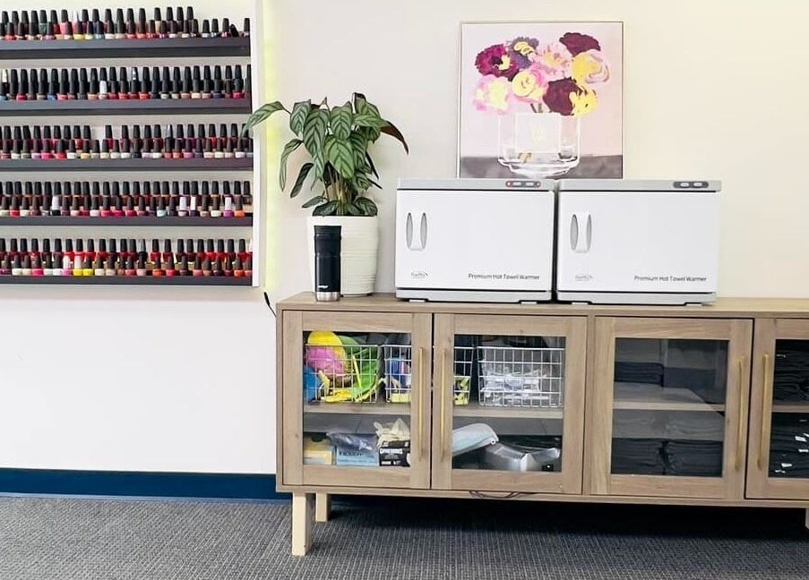 Nail polish display and storage at L & T Nails Salon, Northborough, Massachusetts, US.