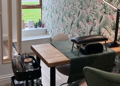 Nail station at Lisa Campbell Hairdressing at The Lounge Hair & Beauty Ltd Beachampton, lush decor, Beachampton, England.