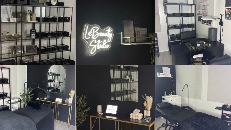 Interior of LeBeauty Studio featuring modern decor and treatment areas in Mandurah, Western Australia, AU.